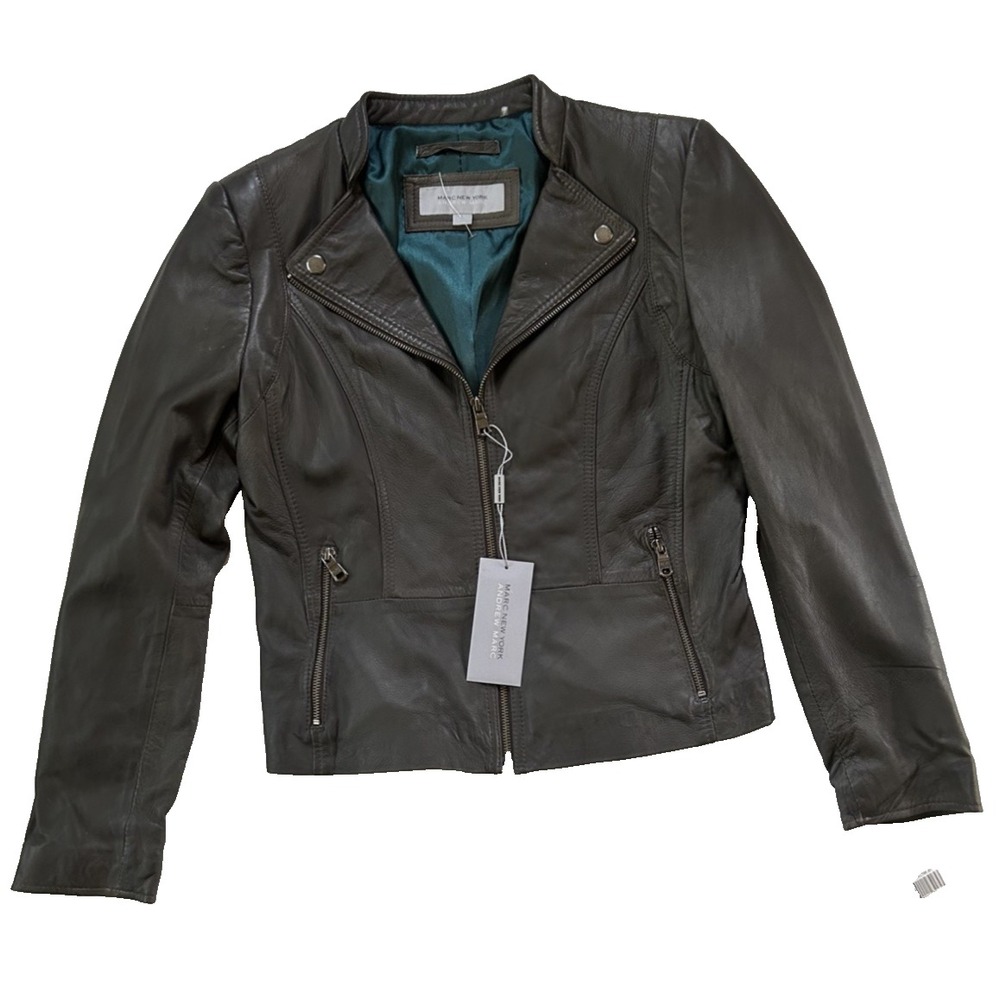 NWT Marc New York Andrew Marc Moto Mob Wife Grey Leather Jacket Size L